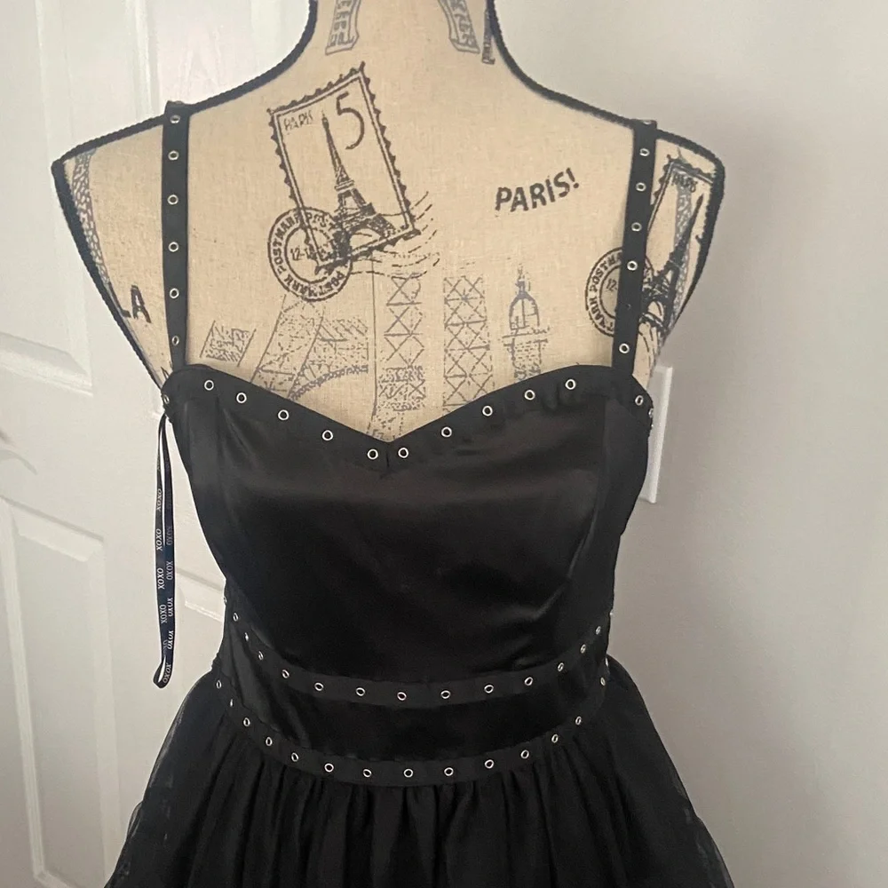 XOXO Black Studded gothic Mini Dress size-7 - Picture 2 of 8